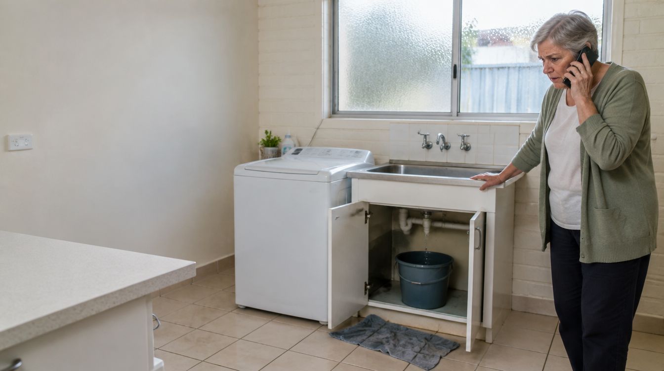 Sydney homeowner calling a plumber about a leak under the laundry sink